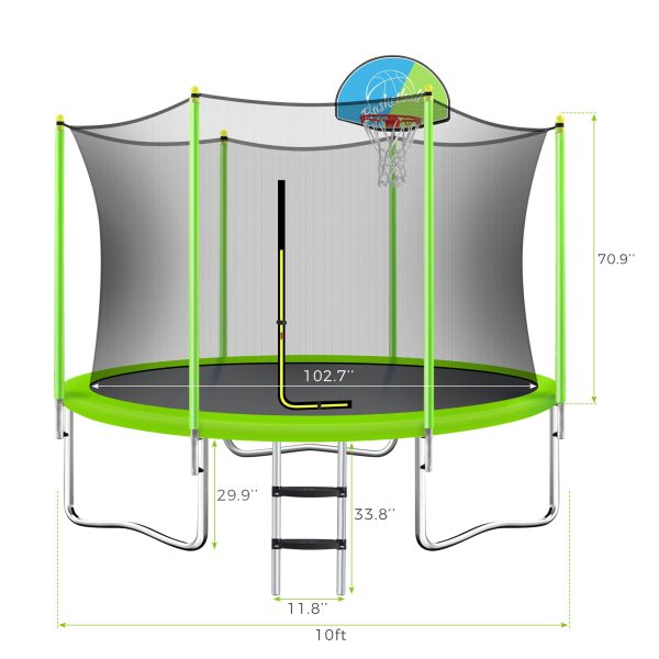 10FT Trampoline for Kids with Safety Enclosure Net, Basketball Hoop and Ladder, Easy Assembly Round Outdoor Recreational Trampoline For Discount