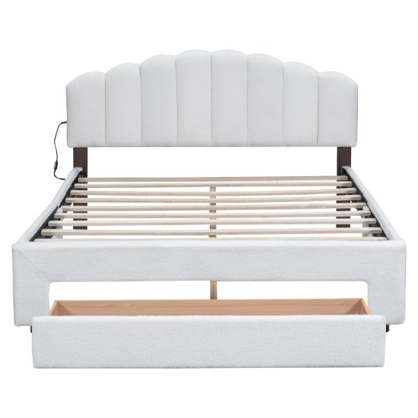 Teddy Fleece Queen Size Upholstered Platform Bed with Nightstand, White on Sale