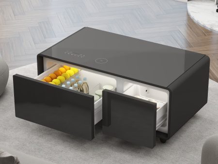 Modern Smart Coffee Table with Built-in Fridge, Bluetooth Speaker, Wireless Charging, Touch Control Panel, USB Interface, Outlet Protection, Atmosphere light, Black Supply