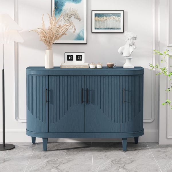 Modern Curved Sideboard 47.2-Inch Decorative Storage Cabinet Wooden Console Table Coffee Bar Cabinet with 4 Doors and Adjustable Interior Shelves for Living Room, Kitchen, Bedroom, Hallway (Blue) Online now