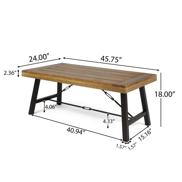 Outdoor Acacia Wood Coffee Table, Teak Finish   Rustic Metal Brown and Black, 27.25 D x 45.75 W x 18 H Discount