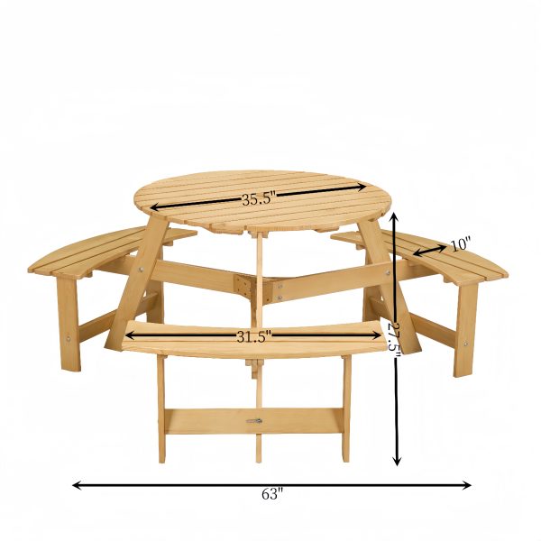 Outdoor 6 Person Picnic Table, 6 person Round Picnic Table with 3 Built-in Benches, Umbrella Hole, Outside Table and Bench Set for Garden, Backyard, Porch, Patio,  Natural For Sale