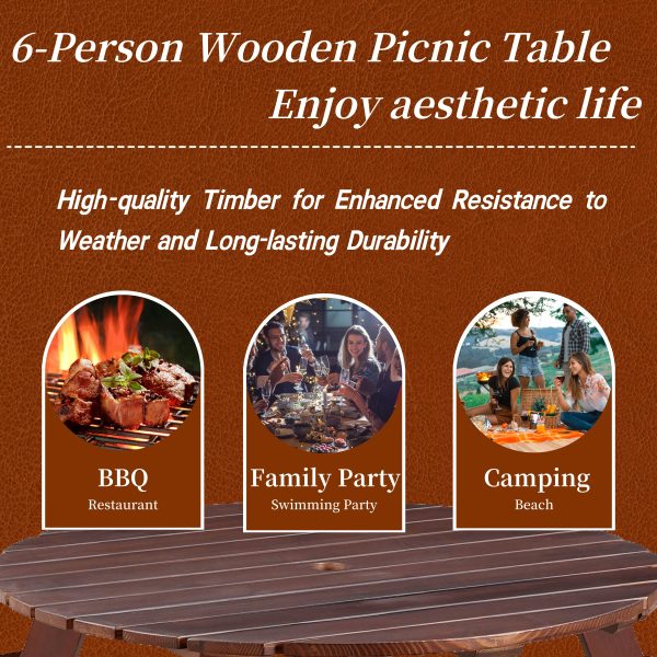 Outdoor 6 Person Picnic Table, 6 person Round Picnic Table with 3 Built-in Benches, Umbrella Hole, Outside Table and Bench Set for Garden, Backyard, Porch, Patio, Brown on Sale