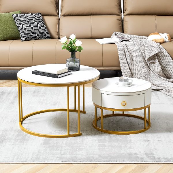 Coffee Table Nesting Set of 2, Circular Sintered Stone Marble Entable, for Living Room Bedroom Apartment Modern Industrial Simple Nightstand(Gold) Online