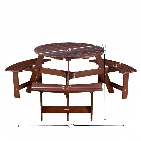 Outdoor 6 Person Picnic Table, 6 person Round Picnic Table with 3 Built-in Benches, Umbrella Hole, Outside Table and Bench Set for Garden, Backyard, Porch, Patio, Brown on Sale