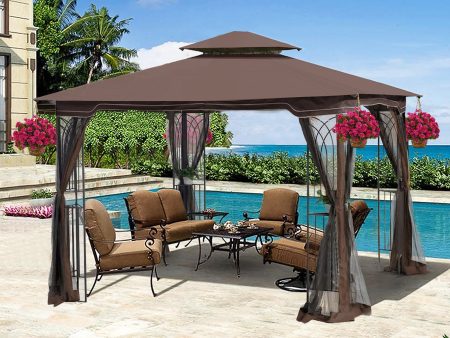 10x10 Outdoor Patio Gazebo Canopy Tent With Ventilated Double Roof And Mosquito net(Detachable Mesh Screen On All Sides),Suitable for Lawn, Garden, Backyard and Deck,Brown Top Online Sale