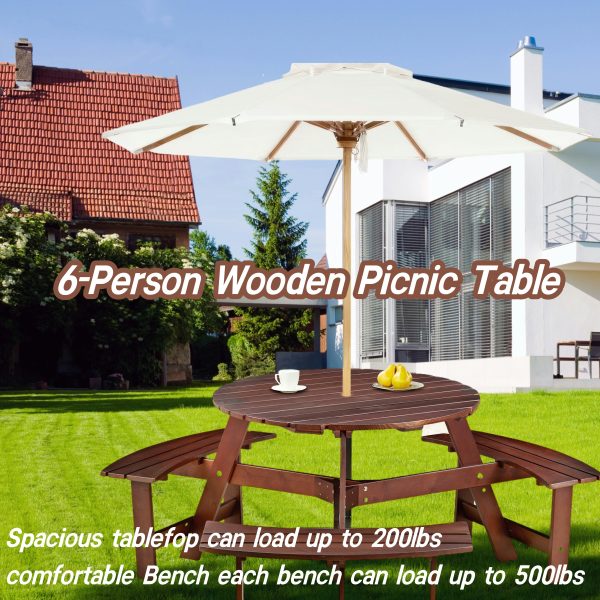 Outdoor 6 Person Picnic Table, 6 person Round Picnic Table with 3 Built-in Benches, Umbrella Hole, Outside Table and Bench Set for Garden, Backyard, Porch, Patio, Brown on Sale